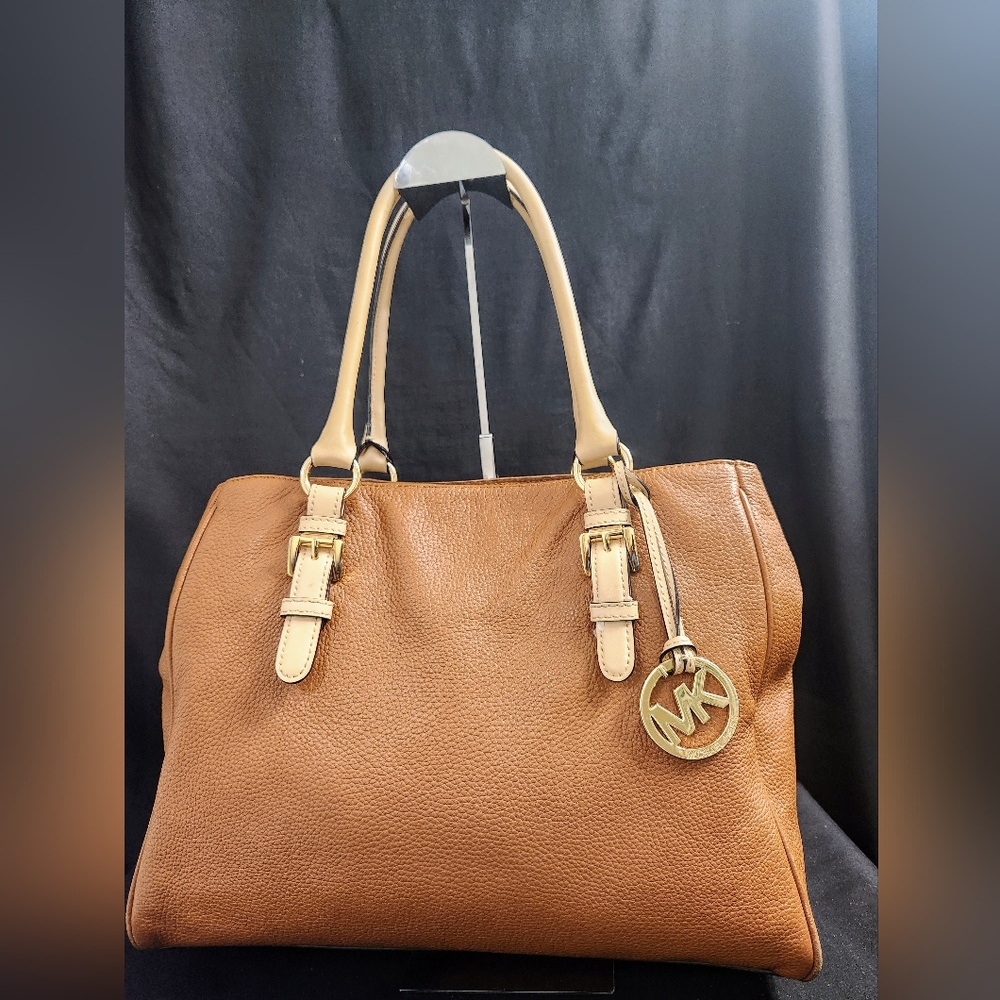 Michael Kors Brown Pebbled Leather Tote With Beige Handles